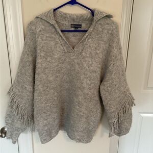 Democracy Light Gray V-Neck Sweater with Fringe